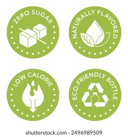 Drink labeling icons set - Zero sugar, Naturally flavored, Low calorie, Eco-friendly bottle. Pictograms in circular shape