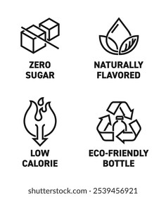 Drink labeling icons set - Zero sugar, Naturally flavored, Low calorie, Eco-friendly bottle. Pictograms in bold line