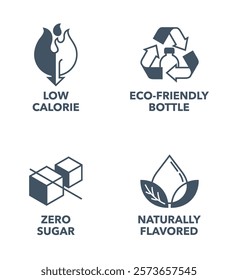 Drink labeling icons set - Zero sugar, Naturally flavored, Low calorie, Eco-friendly bottle. Pictograms in monochrome style