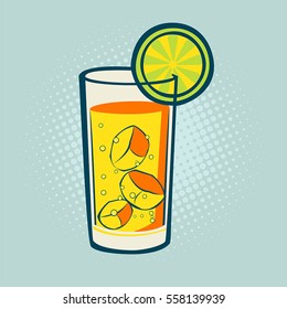 Drink with lime and ice. Vector fresh lime drink cold ice cocktail ,tropical fresh citrus water, art retro style