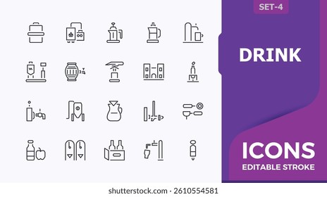Drink line icon. Contain linear sign mug, bar, beer, brew and more. Brewing related icon. Vector icons collection. Pixel perfect. Editable vector.
