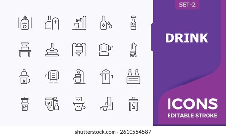 Drink line icon. Contain linear sign mug, bar, beer, brew and more. Brewing related icon. Vector icons collection. Pixel perfect. Editable vector.