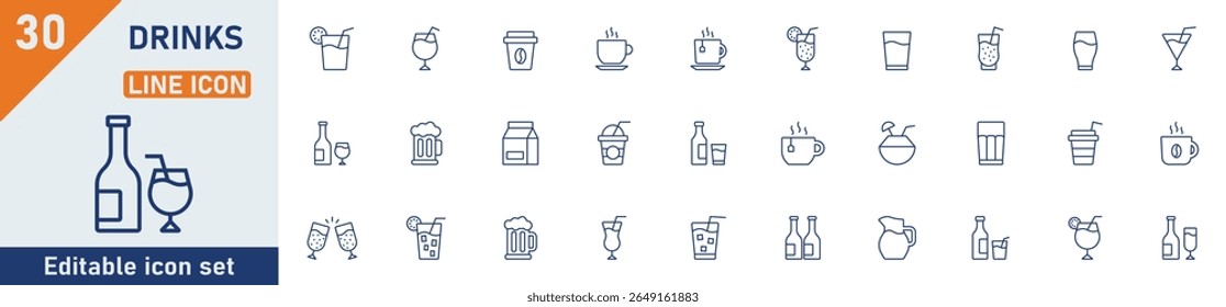 Drink line icon set. Set of 30 outline icons related to drinks, tea, coffee, wine, alcoholic, cold and hot drinks, lemonade and others. Editable stroke. Vector illustration.