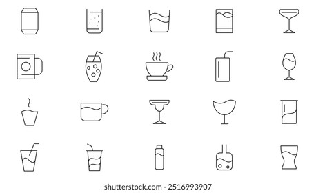 Drink line icon set. Beer, wine, cocktail, champagne glass, wineglass icons, plastic cup, glass, barrel, cheese, pub, bar line icon set. UI thin line icon pack.
