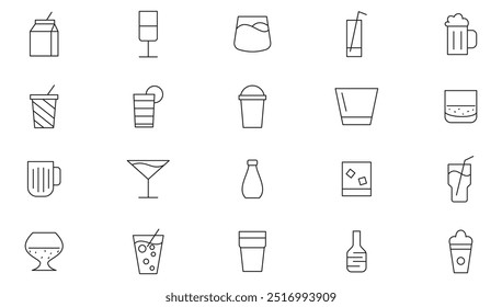 Drink line icon set. Beer, wine, cocktail, champagne glass, wineglass icons, plastic cup, glass, barrel, cheese, pub, bar line icon set. UI thin line icon pack.