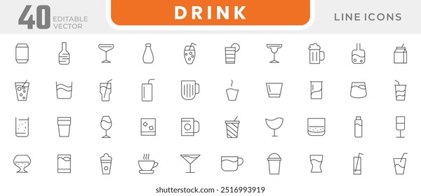 Drink line icon set. Beer, wine, cocktail, champagne glass, wineglass icons, plastic cup, glass, barrel, cheese, pub, bar line icon set. UI thin line icon pack.