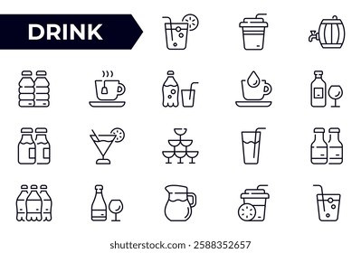 Drink line icons set. Alcoholic drinks. Lemonade, cocktail, wine, cold and hot, carbonated drinks. Outline icon collection.