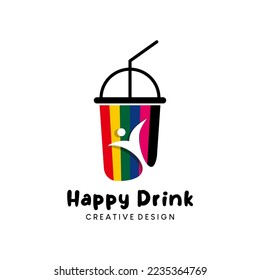 Drink logo design, happy drink with rainbow color glass cup concept