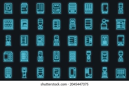 Juego de iconos de la máquina de bebidas. Contorno conjunto de iconos vectoriales de máquina de bebida color de neón en negro