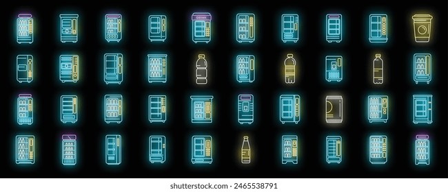 Drink machine icons set outline vector. Water plastic. Cooler bottle neon color on black