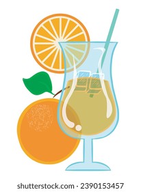 Drink made from orange juice. Drinking glass with a slice of orange and a fruit behind. Vector illustration isolated on white background.
