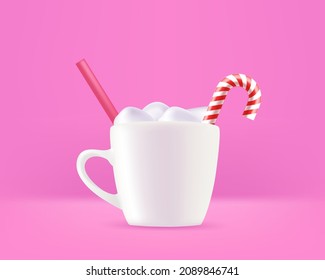 Drink with marshmallow. 3d style vector banner with copy space