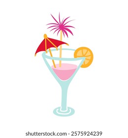 Drink in a martini glass. Pink drink with an umbrella, Christmas rain and lemon for celebrating in the tropics. Christmas is tropical, hand-drawn. Flat illustration. Isolated object on white