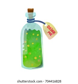 'Drink me' bottle with green poisonous substance. Funny cartoon clip art illustration on isolated background. Watercolour imitation.
