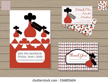 Drink me Bottle. Set Collection of Invitation card, Thank you Note, Business Card Wonderland. Printable Vector Illustration for Graphic Projects, Parties, Web, Celebrations. Wooden Background Texture.
