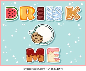 Drink me cute funny postcard with cup of milk. Cute mug with tempting inscription flyer. Vector illustration is suitable for greeting cards, posters, menus, prints