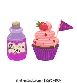 Drink me, eat me Cake and bottles isolated on white background. Vector graphics.