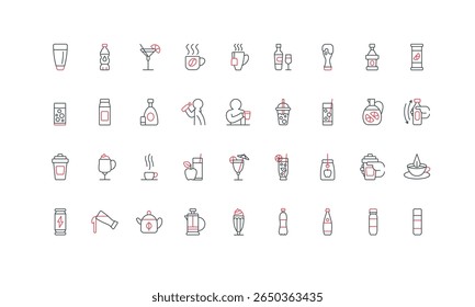 Menu de bebidas, coquetel de álcool, copo de suco fresco, água de refrigerante, conjunto de ícones de linha de milkshake. Café quente e chocolate, vinho e uísque garrafa, pacote de leite fino preto e vermelho símbolos vetor ilustração
