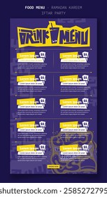 Drink menu design for ramadan iftar party with arabic typography in purple cartoon design. arabic text mean is ramadan kareem