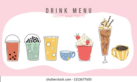 Drink menu design,Pearl milk tea , Yummy drinks, coffees and soft drinks with cute doodle style banner . - Vector