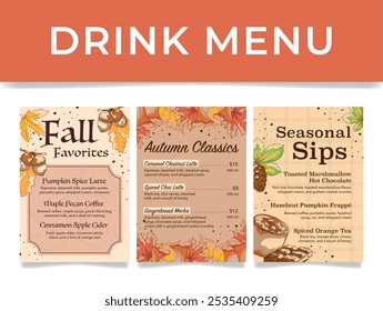 Drink menu fall favorites classic seasonal sips design template set engraved vector illustration. Autumn traditional coffee hot beverage cafe coffeeshop cafeteria list with acorn mushroom dry leaves