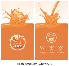 Drink menu with healthy apricot juice splash, fruit, icons and fresh juice badge