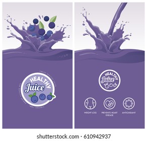 Drink menu with healthy blueberry juice splash, fruit, icons and badge