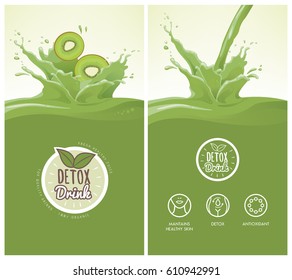 Drink menu with healthy kiwi juice splash, fruit, icons and detox concept badge