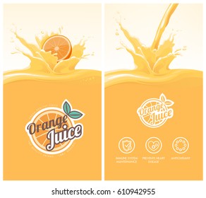 Drink menu with healthy orange juice splash, fruit, icons and citrus badge