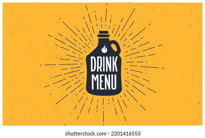 Drink Menu. Old school poster with text Drink Menu. Bottle in vintage style with linear drawing light rays, sunburst and rays of sun, text drink menu. Hand drawn graphic design. Vector Illustration