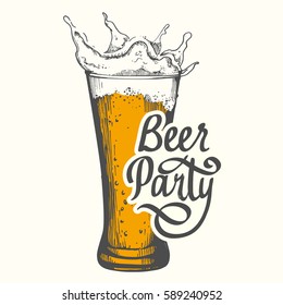 Drink menu for pub. Vector illustration with beer glass in sketch style. Party poster on white background. Handwritten ink lettering.