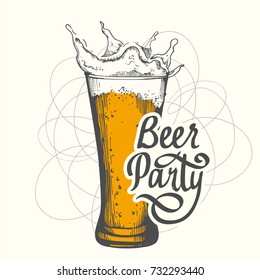 Drink menu for pub. Vector illustration with beer glass in sketch style. Party poster on white background. Handwritten ink lettering.