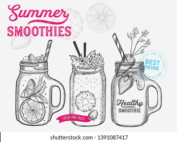 Drink menu smoothie illustration for juice restaurant on vintage background. Vector hand drawn poster for cafe. Design with lettering and ingredients strawberry, carrot, apple, pineapple.