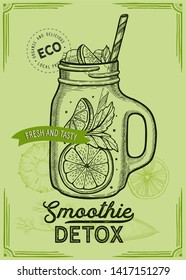 Drink menu smoothie illustration for juice restaurant on vintage background. Vector hand drawn poster for cafe. Design with lettering and doodle graphic ingredients.