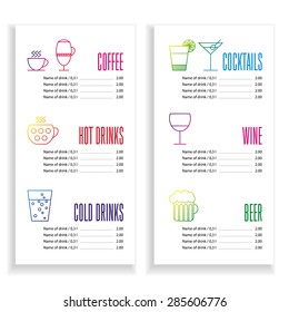 Drink menu template with line icons in rainbow colors with white clean background.