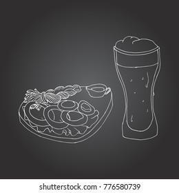 Drink menu. Vector illustration with glass of beer in sketch style for pub. Alcoholic beverages.