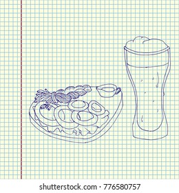 Drink menu. Vector illustration with glass of beer in sketch style for pub. Alcoholic beverages.