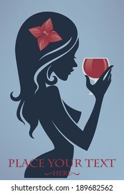 drink with me,vector commercial background with girl and glass of red wine