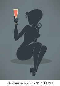 drink with me,vector commercial background with girl and glass of red wine
