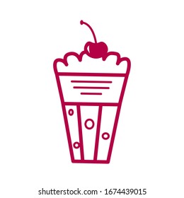 Drink milkshake with cherry. Outline sign. latte with berry. Hand drawn emblem. Icon