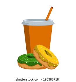 Drink or milkshake with donuts on a white background, vector illustration