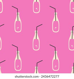 Drink modern pink seamless pattern with soda bottle. Minimal design. Beverage repeat vector illustration. Trendy playful monochrome background for restaurant menu bar pub