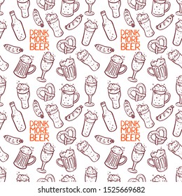 Drink more beer. Seamless background of different beer. Hand drawn illustrations