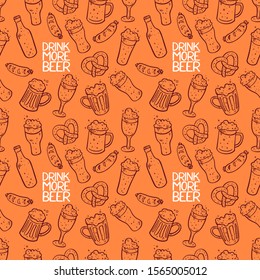 Drink more beer. Seamless background of different beer. Hand drawn illustrations