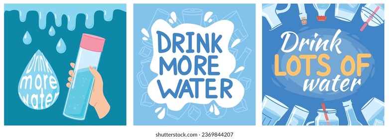 Drink more clean water cards. Detox motivational banners design. Healthy lifestyle. Glass and plastic containers. Bottle in hand. Cup with ice cubes. Quench thirst