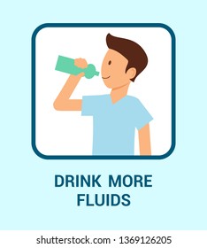Drink More Fluids Flat Banner Vector Template.. Young Man in T shirt Holding Bottle Cartoon Character. Professional Dentist Prescription, Helpful Advice. Healthy Lifestyle Illustration with Typography