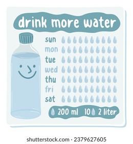 Drink more water. Water balance planner. How much water you drink a day. Vector isolated illustration.