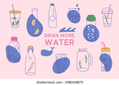Drink more water banner. Water in a thermos and plastic mug, glass bottle.