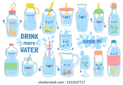 Drink more water. Bottles, glass and jug with funny cartoon faces. Detox waters with lemon and mint. Motivation for health habit vector set. Smiling mouth on containers with straws and cap