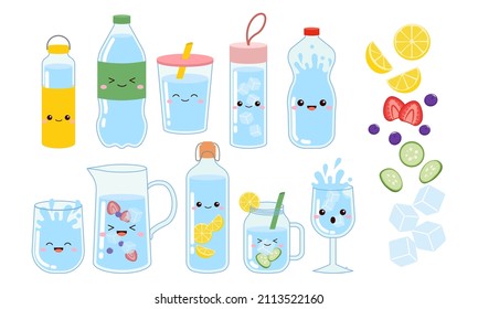 Drink more water campaign with cute bottle and glasses. Flat vector cartoon design